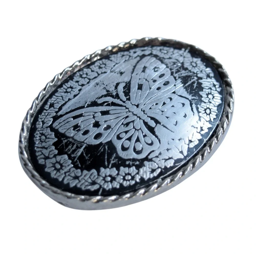 Bergamot Women Silver Black Butterfly Belt Buckle Vintage 80s Western Boho USA